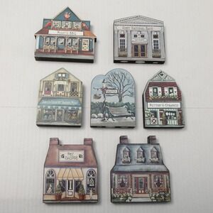 Vintage Wood Village House Storefront Plaques Set 7 Holiday Décor Shelf Sitter